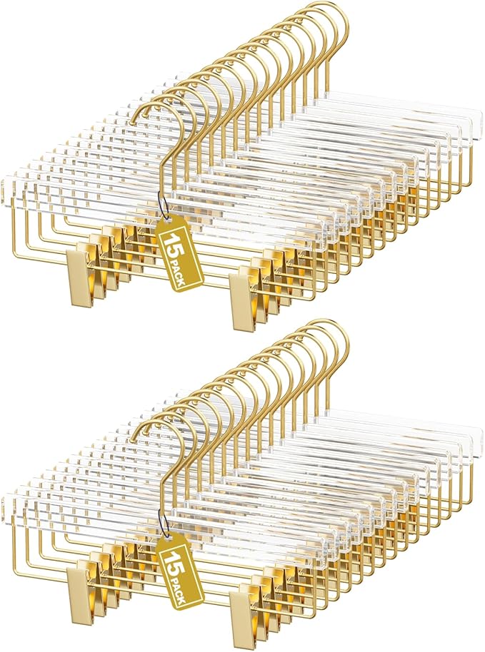 Acrylic Gold Pants Hangers with Adjustable Clips 30 Pack, Non-Slip Skirt Hanger for Women, Heavy Duty Space-Saving Clothes Organizer for Trousers, Coats, Jeans, Adults & Kids