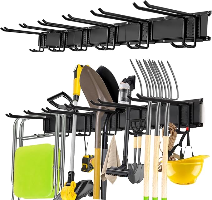 Garage Tool Organizer Wall Mount, 48" Heavy Duty Metal Storage Rack with 3 Rails & 6 Adjustable Double Hooks, Wall Mounted Garden Tool Hanger for Rakes, Shovels, Brooms, Garage Shed & Workshop