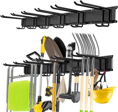 Garage Tool Organizer Wall Mount, 48" Heavy Duty Metal Storage Rack with 3 Rails & 6 Adjustable Double Hooks, Wall Mounted Garden Tool Hanger for Rakes, Shovels, Brooms, Garage Shed & Workshop