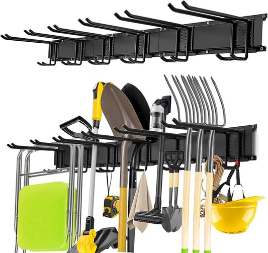 Garage Tool Organizer Wall Mount, 48" Heavy Duty Metal Storage Rack with 3 Rails & 6 Adjustable Double Hooks, Wall Mounted Garden Tool Hanger for Rakes, Shovels, Brooms, Garage Shed & Workshop