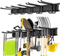 Garage Tool Organizer Wall Mount, 48" Heavy Duty Metal Storage Rack with 3 Rails & 6 Adjustable Double Hooks, Wall Mounted Garden Tool Hanger for Rakes, Shovels, Brooms, Garage Shed & Workshop