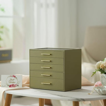 Jewelry Box Organizer Case for Women: 5-Layer Jewelry Storage Case with Glass Window, Olive Green Leather with Cream Velvet, Holder for Ring Necklace Bracelet Brooch Watch, Great Gift for Her