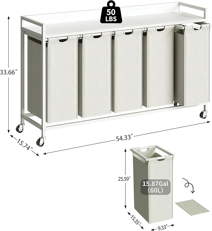 Herture Laundry Hamper with Shelf, Laundry Basket 5 Section, Laundry Sorter with Pull-Out Removable Large Bags and Movable Wheels, Metal Frame, 5 x 15.87 Gallons (60L), White PF08XLW