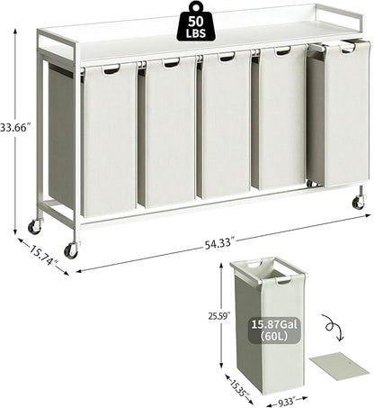 Herture Laundry Hamper with Shelf, Laundry Basket 5 Section, Laundry Sorter with Pull-Out Removable Large Bags and Movable Wheels, Metal Frame, 5 x 15.87 Gallons (60L), White PF08XLW