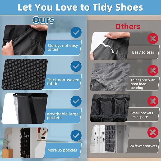Aisoso Over the Door Shoe Organizer with 35 Large Breathable Mesh Pockets and 4 Metal Hooks Space Saving Hanging Storage Holder for Men's and Women's Shoes, Accessories, Black