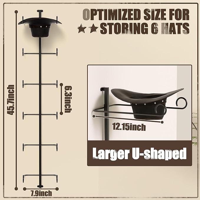 Alyoen Cowboy Hat Rack for Wall, Cowboy Hat Holder Wall Mount Holds Up to 6 Hats, Metal Hat Organizer Storage Hanger, Western Room Decor for Fedoras, Sun Hat