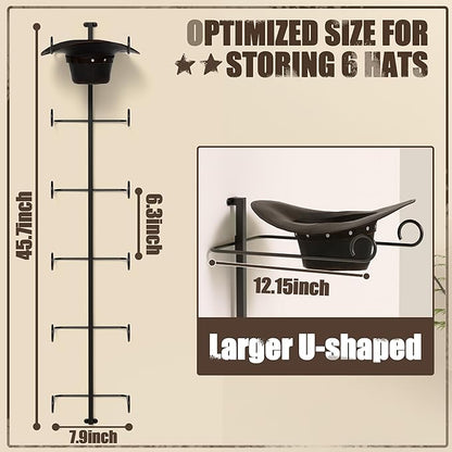 Alyoen Cowboy Hat Rack for Wall, Cowboy Hat Holder Wall Mount Holds Up to 6 Hats, Metal Hat Organizer Storage Hanger, Western Room Decor for Fedoras, Sun Hat