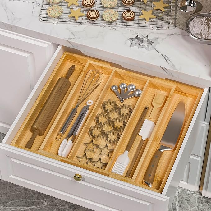Bamboo Utensil Organizer Cutlery Organizer - Expandable 5 Slots Multipurpose Kitchen Drawer Organizer for Large Cooking Utensils, Baking Tools, Knife Set W13.7"-19.9" x L17.6" X H2.5"(Yellow)