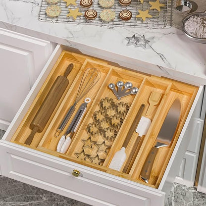 Bamboo Utensil Organizer Cutlery Organizer - Expandable 5 Slots Multipurpose Kitchen Drawer Organizer for Large Cooking Utensils, Baking Tools, Knife Set W13.7"-19.9" x L17.6" X H2.5"(Yellow)