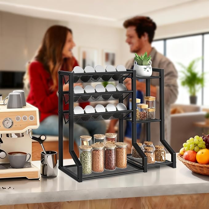 HOOBRO 4-Tier Spice Rack, Seasoning Organizer, Stackable Spice Rack Organizer, Spice Jar Storage Organizer, for Kitchen, Cupboard, Countertop, Black BK48TL01