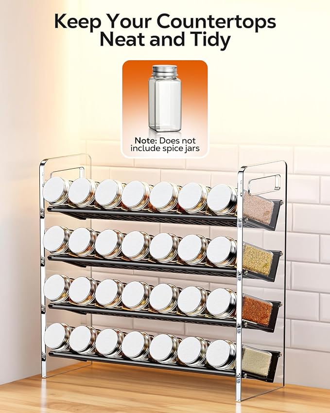 Nieifi Transparent & Black Spice Rack Rustproof, without Seasoning Jars,4-Tier Transparent ABS Plastic Spice Rack Organizer for Cabinet and Countertop,Thickened Corrosion-Resistant-Tiered Kitchen