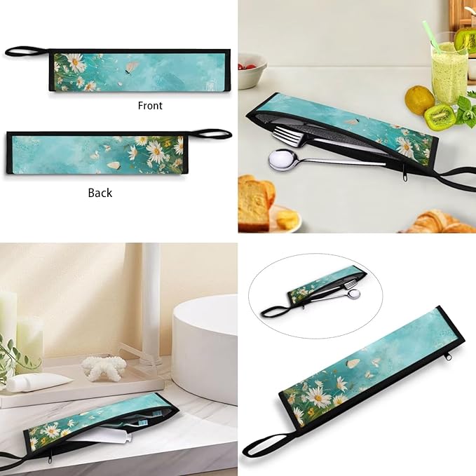 COEQINE Large Utensil Holder Case Fit 11.8X 2.7 Inch Fork Spoon Knife Organizer Countertop Leafproof Machine Washable Lightweight Portable Travel Accessories With Aqua Blue Daisy Flower Butterfly