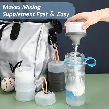 Baderke 2 Pcs Protein Powder Container with Funnels Stand, 4 Stackable Leakproof Protein Powder Dispenser, Portable Keychain Powder Container for Workout, Fitness, Travel(White)