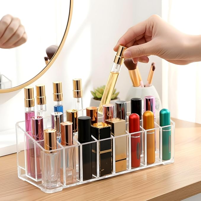 2 Pcs Rollerball Perfume Organizer, 24 Spaces Acrylic Perfume Storage Holder, Clear Beauty Scent Holder, Makeup Display Case Organizer for Lipstick Lip Glosses Brushes Perfumes Sample Mascara