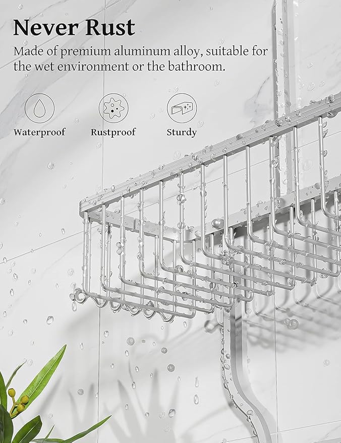 YASONIC Never-Rust Aluminum Hanging Shower Caddy – Over-the-Showerhead Organizer with 10 Hooks for Razor and Sponge – Includes Soap Basket – Silver