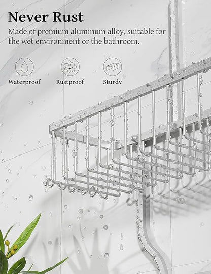 YASONIC Never-Rust Aluminum Hanging Shower Caddy – Over-the-Showerhead Organizer with 10 Hooks for Razor and Sponge – Includes Soap Basket – Silver