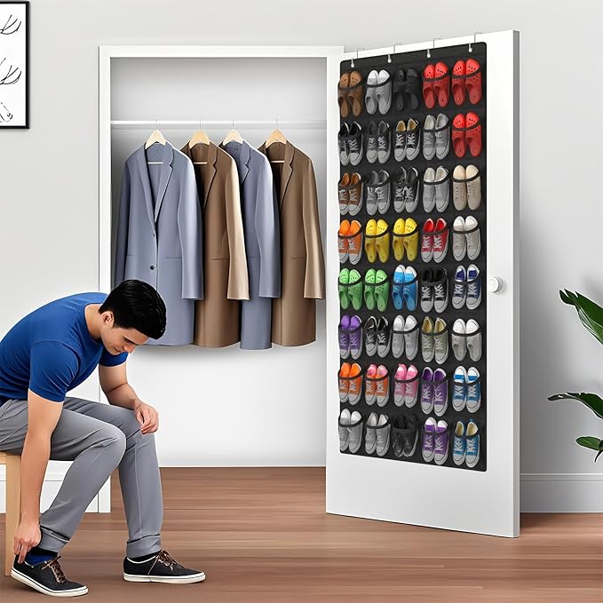 Over the Door Shoe Organizer,40-Pocket Hanging Shoe Rack for Closet Door,Shoes Storage Holder Hanger with Large Mesh Pocket for Women Men Shoes,Flip Flops(Black)
