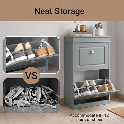 SoBuy Small Shoe Cabinet, Slim Shoe Rack 2 Flip-Drawers, Thin Shoe Storage Cupboard Organizer Unit for Entryway and Hallway, Grey FSR78-HG