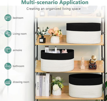 ECDYQXVU Cotton Rope Storage Basket, 15x10x9 Inches, Woven Basket for Shelves, Clothes, Towels, Books, and Laundry, Black/ White (3 Pack)