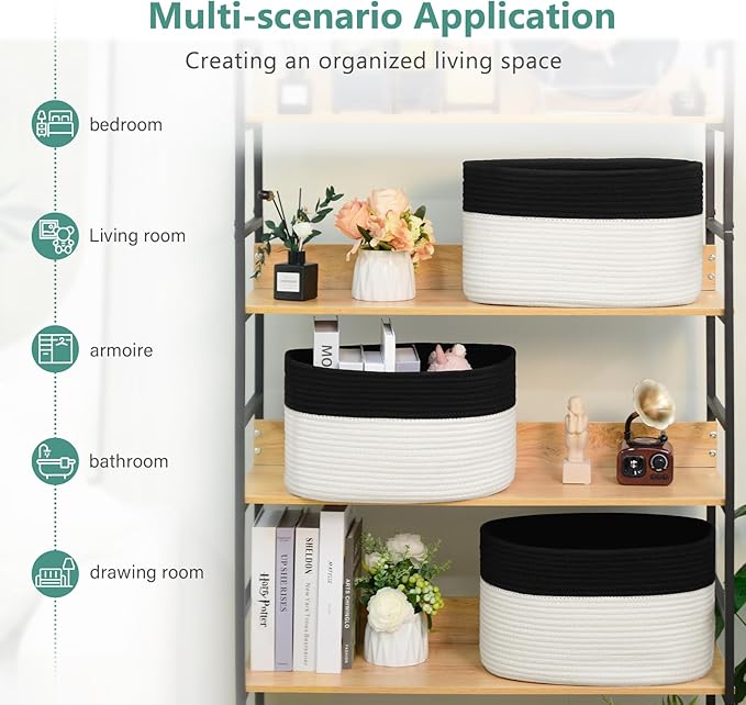 ECDYQXVU Cotton Rope Storage Basket, 15x10x9 Inches, Woven Basket for Shelves, Clothes, Towels, Books, and Laundry, Black/ White (1 Pack)