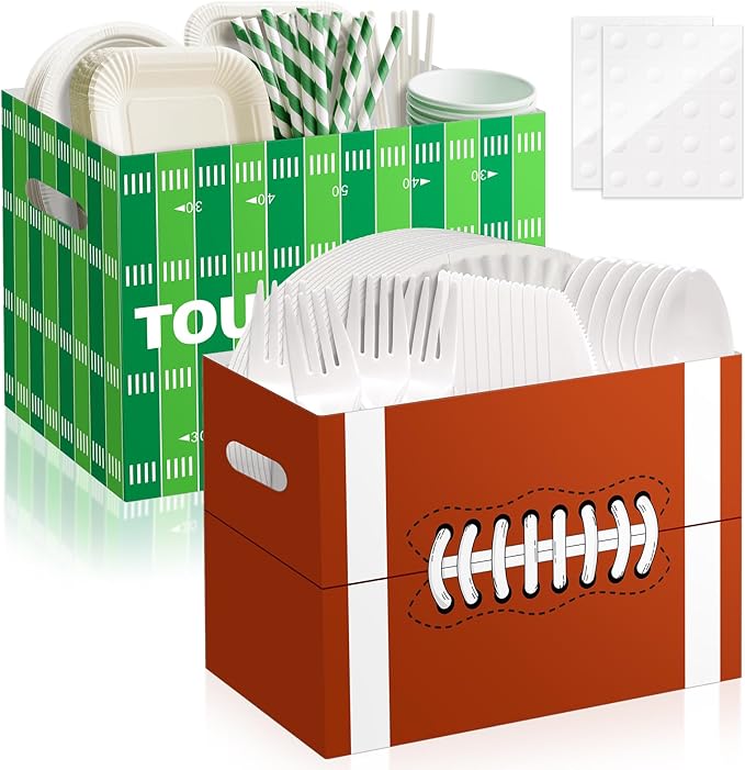 2PCS Football Utensil Holder Paper Utensil Caddy for Football Party Supplies Cutlery Holder with Handles Green Brown Party Favors Snack Box Disposable Cutlery Caddy for Sports Birthday Decorations