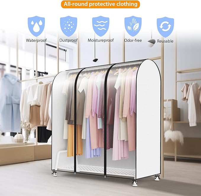 Clear Garment Rack Cover, Clothes Rack Cover Clothing Rack Cover with Durable Zippers for Garment Rack, Clothes Rack, Black, 50"L x 20"W x 60"H (Rack Not Included)