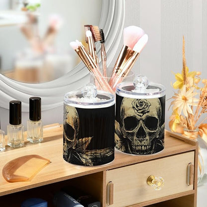 2 Pack Gothic Dark Skull Qtip Cotton Ball Holders Dispenser with Lid, Plastic Jars Bathroom Canisters Storage Organizer