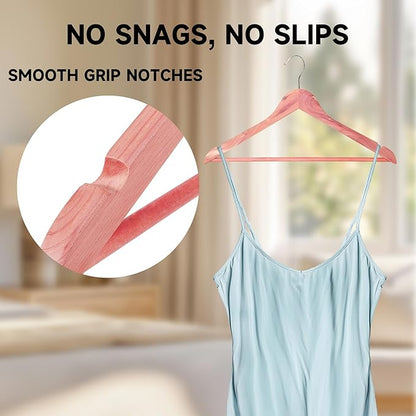 Quality Wooden Clothes Hangers, Solid Wood Suit & Coat Hangers with Pants Bars, Swivel Hook, Shoulder Notches, Heavy Duty Hangers for Shirts, Jackets, Dresses & Trousers(Cedar Wood/24-Pack)