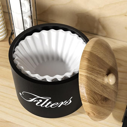 Wooden Coffee Filter Holder with Lid, Basket Storage Container for Counter, Black Small Bar Accessories for Coffee Bar Station(Black Wooden)
