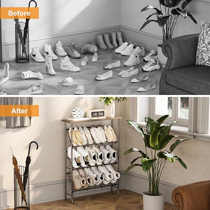 JZM Shoe Rack Storage, Narrow 4 Tier Metal Shoe Storage Shelf, Free Standing Shoe Racks, Space Saving Shoe Rack Organizer for Entryway, Hallway, Bedroom, Living Room(12-16 Pair)