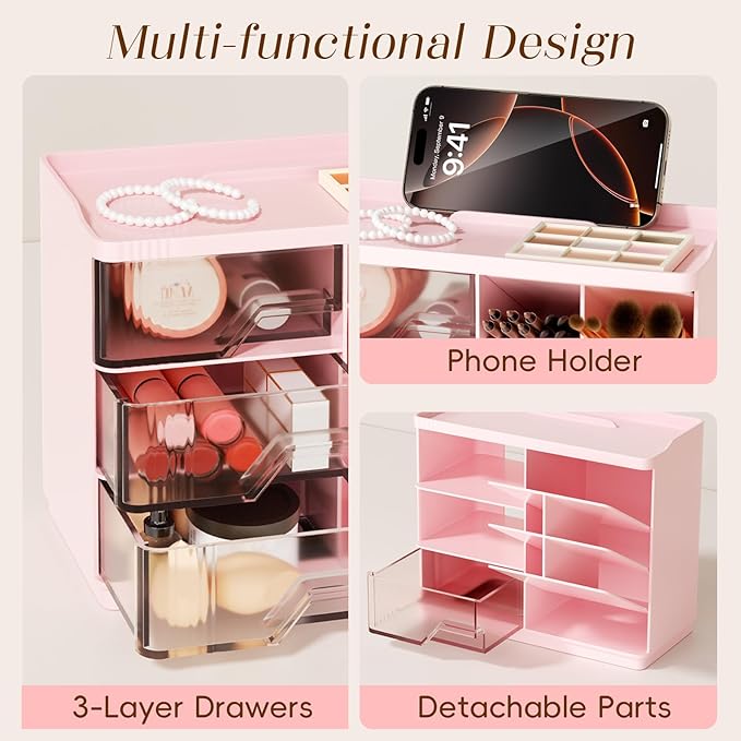 Small Makeup Organizer with Drawers, Stackable Bathroom Couneter Organizer with Phone Holder, Versatile Vanity Organizer Countertop, Cosmetic Organizer for Makeup Brush, Skin Care, Lotion -Pink,2Pack