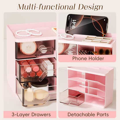Small Makeup Organizer with Drawers, Stackable Bathroom Couneter Organizer with Phone Holder, Versatile Vanity Organizer Countertop, Cosmetic Organizer for Makeup Brush, Skin Care, Lotion -Pink,2Pack