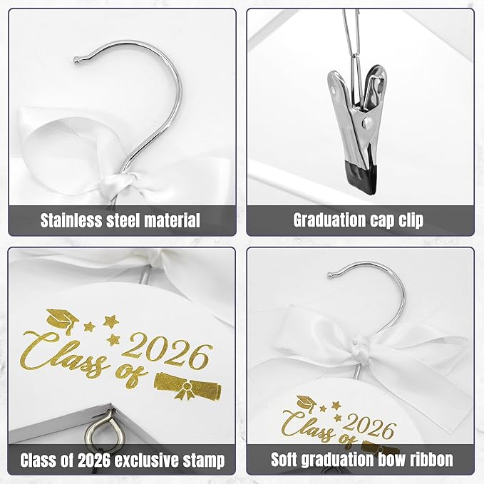 GraduatePro Graduation Cap and Gown Hanger 17.5“ ”with Hook Clip for College and High School Graduates, Graduation Gifts with Class of 2026 Printed for Her and Him, White