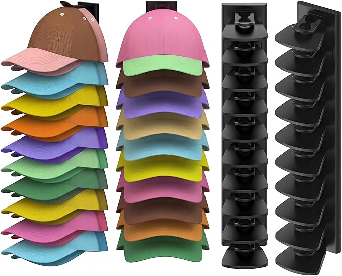 Hat Organizer for Baseball Caps, 2 Pack Hat Rack for Wall, Hold Up to 40 Hats, Space Saving Hat Hanger, Strong Adhesive Hat Storage Display Holder, Organizer Gifts for Closet Door and Wall, Black