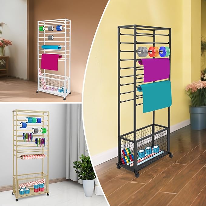 20-Tier Double-Sided Ribbon Holder Organizer Rack with Storage Basket & Wheels, Multifunctional Flower Wrapping Paper Display Stand for Craft Rooms, Flower Shops (Gold, 26.38''W x 12.6''D x 59.06''H)