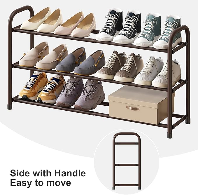 kiplant Expandable Shoe Rack for Closet, 3-Tier Shoe Organizer for Closet, Metal Adjustable Black Shoe Shelf Storage Organizer, Free Standing Shoe Rack for Entryway
