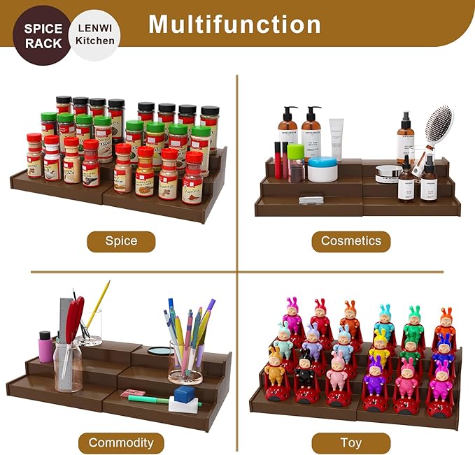 Lenwi Spice Rack Organizer for Cabinet 2 Pack, 3 Tier Expandable Bamboo Spice Storage for Kitchen Cupboard Pantry, Brown