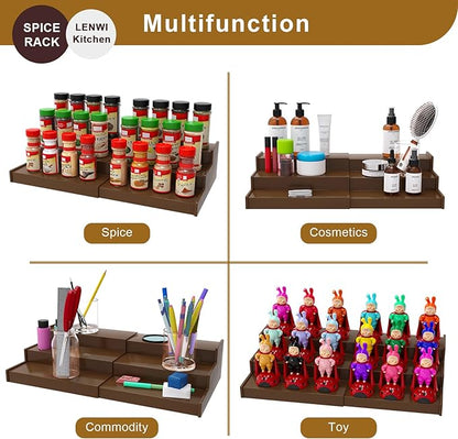 Lenwi Spice Rack Organizer for Cabinet, 3 Tier Expandable Bamboo Spice Storage for Kitchen Cupboard Pantry, Brown