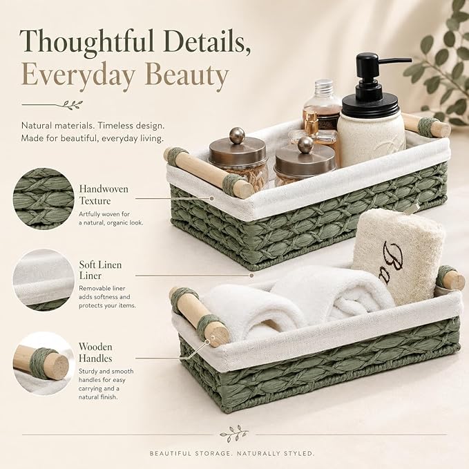 Green Wicker Bathroom Baskets Set of 2 with Linen Liner & Wooden Handles – Sage Green Paper Rope Storage Baskets for Shelves, Bathroom Counter & Spa Décor