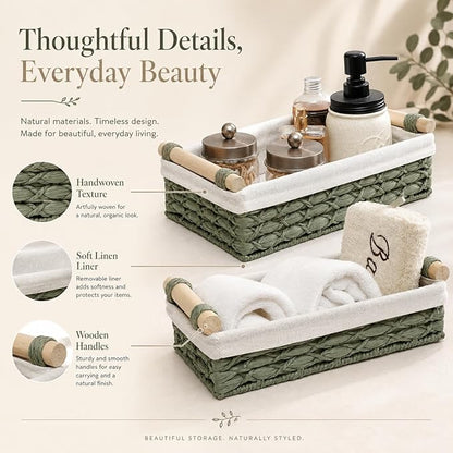 Green Wicker Bathroom Baskets Set of 2 with Linen Liner & Wooden Handles – Sage Green Paper Rope Storage Baskets for Shelves, Bathroom Counter & Spa Décor