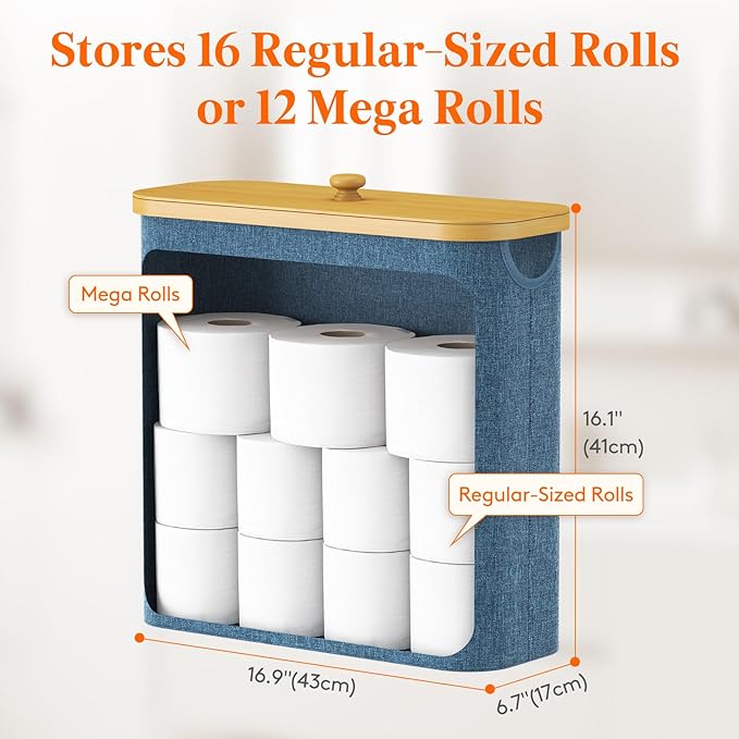 Lifewit Toilet Paper Storage Holder for 12 to 16 Rolls, Free Standing Toilet Paper Basket Stand with Bamboo Lid, Collapsible Fabric Bathroom Organizer Box for Mega Rolls, 30L, Extra Large, Dark Blue