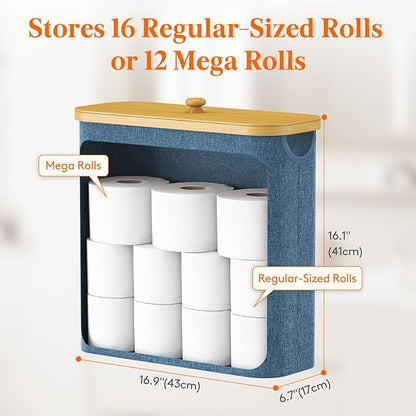 Lifewit Toilet Paper Storage Holder for 12 to 16 Rolls, Free Standing Toilet Paper Basket Stand with Bamboo Lid, Collapsible Fabric Bathroom Organizer Box for Mega Rolls, 30L, Extra Large, Dark Blue