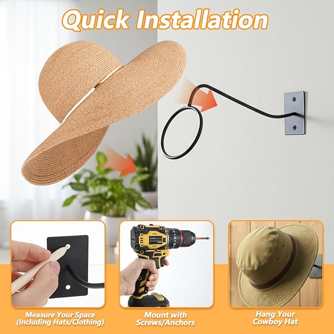 6 Pcs Cowboy Hat Rack for Wall, Cowboy Hat Holder Wall Mount, Western Rustic Metal Hats Hanger Hooks Organizer for Fedora, Sun Hats, Wide Brim, Western Room Decor