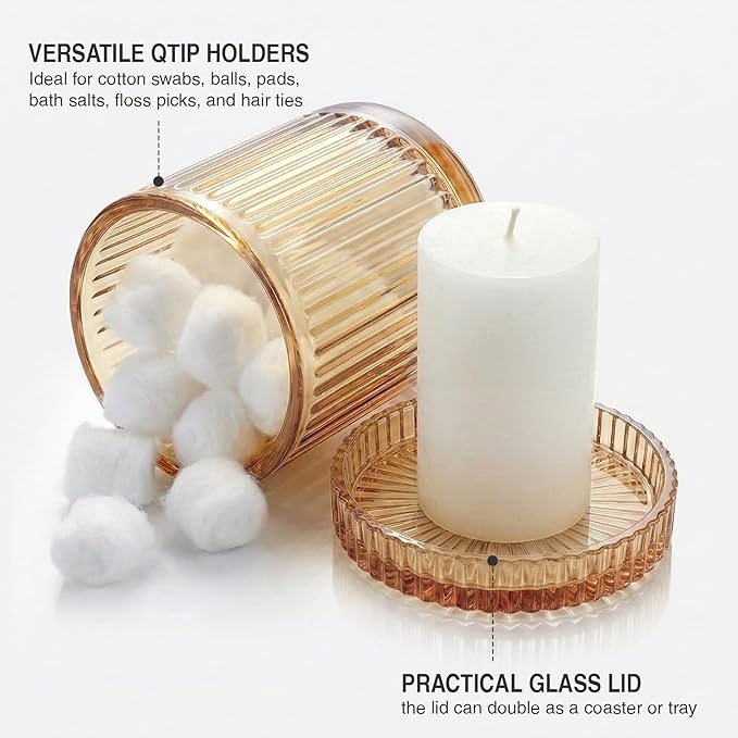 Bathroom Organizers and Storage,2 Pack Glass Qtip Holder Dispenser,Bathroom Essentials Accessories Decor,Vanity Makeup Storage Organizer for Cotton Swabs,Cotton Balls,Pads,Floss Picks (Amber)