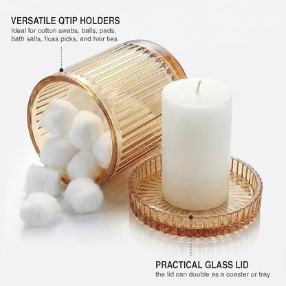 Bathroom Organizers and Storage,2 Pack Glass Qtip Holder Dispenser,Bathroom Essentials Accessories Decor,Vanity Makeup Storage Organizer for Cotton Swabs,Cotton Balls,Pads,Floss Picks (Amber)