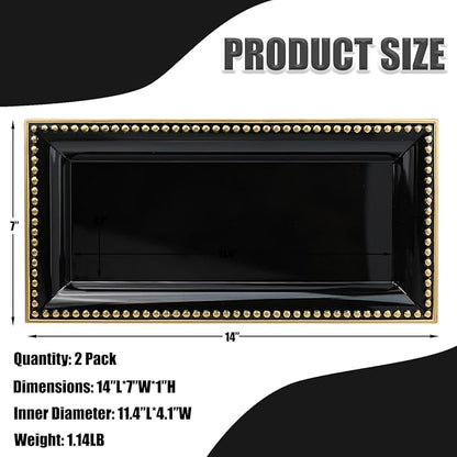 2 Pack Black Bathroom Vanity Tray for Countertop with Beads, Small Plastic Toilet Tank Versatile Storage Organization Tray for Makeup, Perfume, Desk, Kitchen, Candles, 14"x7"x1", 36B