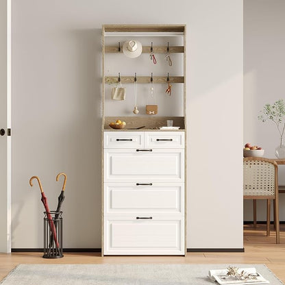 Vibe & Dine Shoe Cabinet, Entryway Shoe Storage Cabinet with 3 Flip Doors and 2 Drawers, 2-in-1 Wooden Shoe Rack Organizer with Coat Hooks for Hallway Cloakroom, Oak Color
