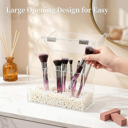 Okllen Makeup Brush Holder with Dustproof Lid, White Pearls, Acrylic Clear Makeup Brush Organizer with 3 Compartment, Large Cosmetic Brush Storage Box Case for Vanity, Bathroom, Bedroom