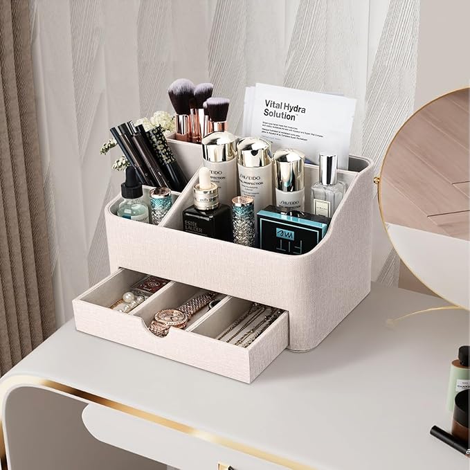 KINGFOM Leather Makeup Organizer with Drawer, Cosmetic Storage for Dresser Countertop and Bathroom Vanity, Beauty Holder for Lipstick Brush Skincare (Beige)