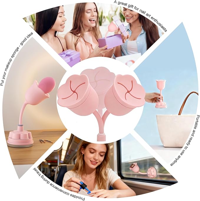 Nail Polish Bottle Holder Stand, 360° Rotating Silicone Nail Polish Case Organizer with Strong Adhesion Base, Rose-Shaped Anti-Spill Rack for Nail Art DIY (Pink)